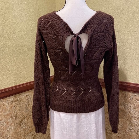 Abercrombie Fitch Small Sweater Open Knit Back Tie Keyhole Womens Brown - Picture 8 of 8